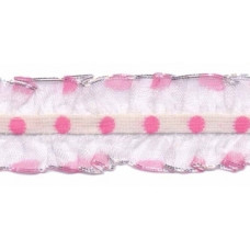 Organza Rüsche beidseitig weiß mit rosa Punkten*Wäschespitze